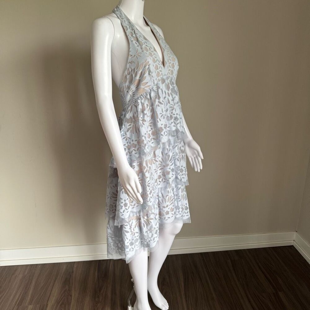 BCBGMAXAZRIA Blue Ruffle Lace Halter Dress